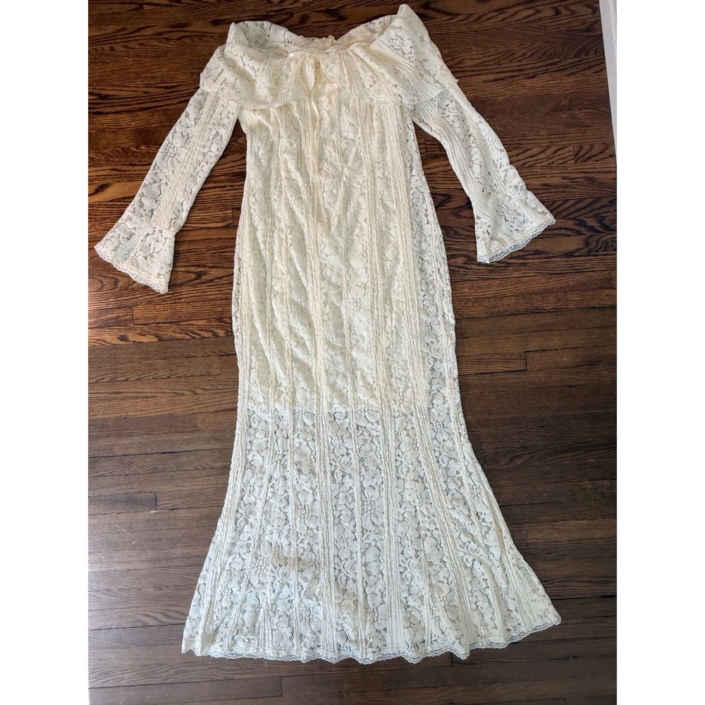 Romantic Cream Floral Lace Maxi Dress Off Shoulder Bell Sleeve Cottagecore Fairy